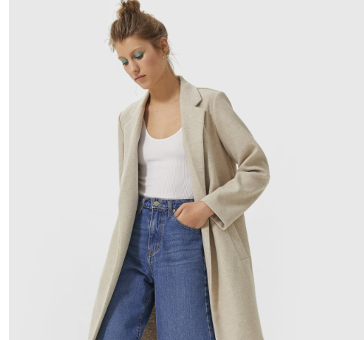 Stradivarius 05899437004 米白色中长款毛呢大衣外套