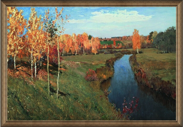 风景油画《金色秋天》列维坦 背景墙装饰画 装裱136×92cm
