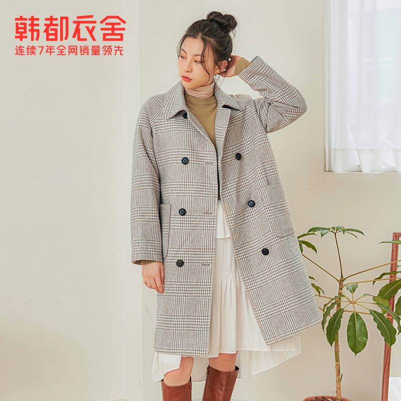 HSTYLE 韩都衣舍 JM9902 女装中长款格子毛呢外套