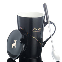 创意十二星座陶瓷杯马克杯420ml骨瓷水杯带盖勺情侣咖啡杯茶杯子 白羊座（黑色）