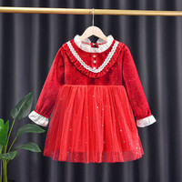 女童连衣裙冬装2020新款双层加绒公主裙儿童女孩红色花边洋气裙子