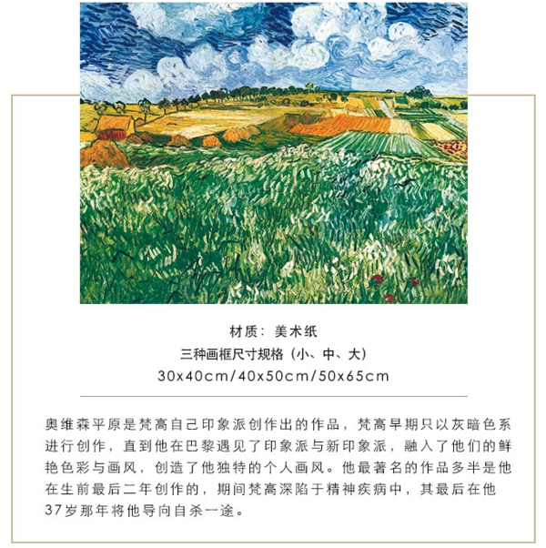 梵高奥维森平原艺术版画装饰画金色框画框尺寸5065cm