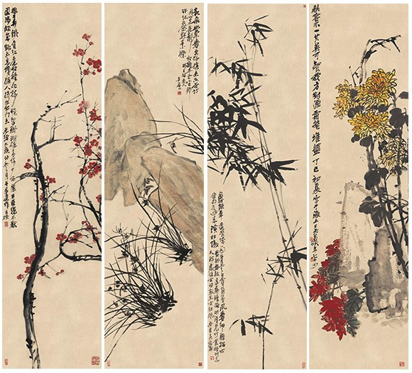 艺术品:装饰字画 四条屏壁画原作版画 吴昌硕 梅兰竹菊 高145*宽45cm