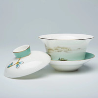 艾芳贝儿骨质瓷大容量盖碗三才碗中国风青山绿水茶碗泡茶杯200ML 西湖盖碗单只装