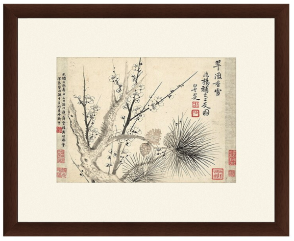 水墨画《岁寒三友图》恽寿平 背景墙装饰画挂画 茶褐色 59×48cm
