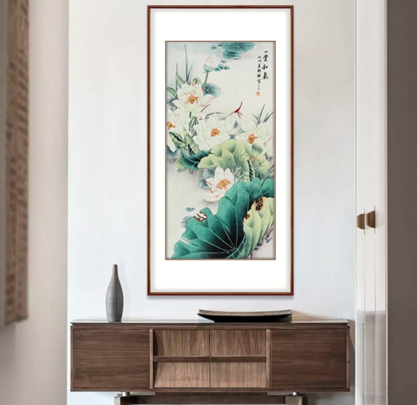 弘舍新中式玄关装饰画国画荷花一堂和气田园柚木一堂和气
