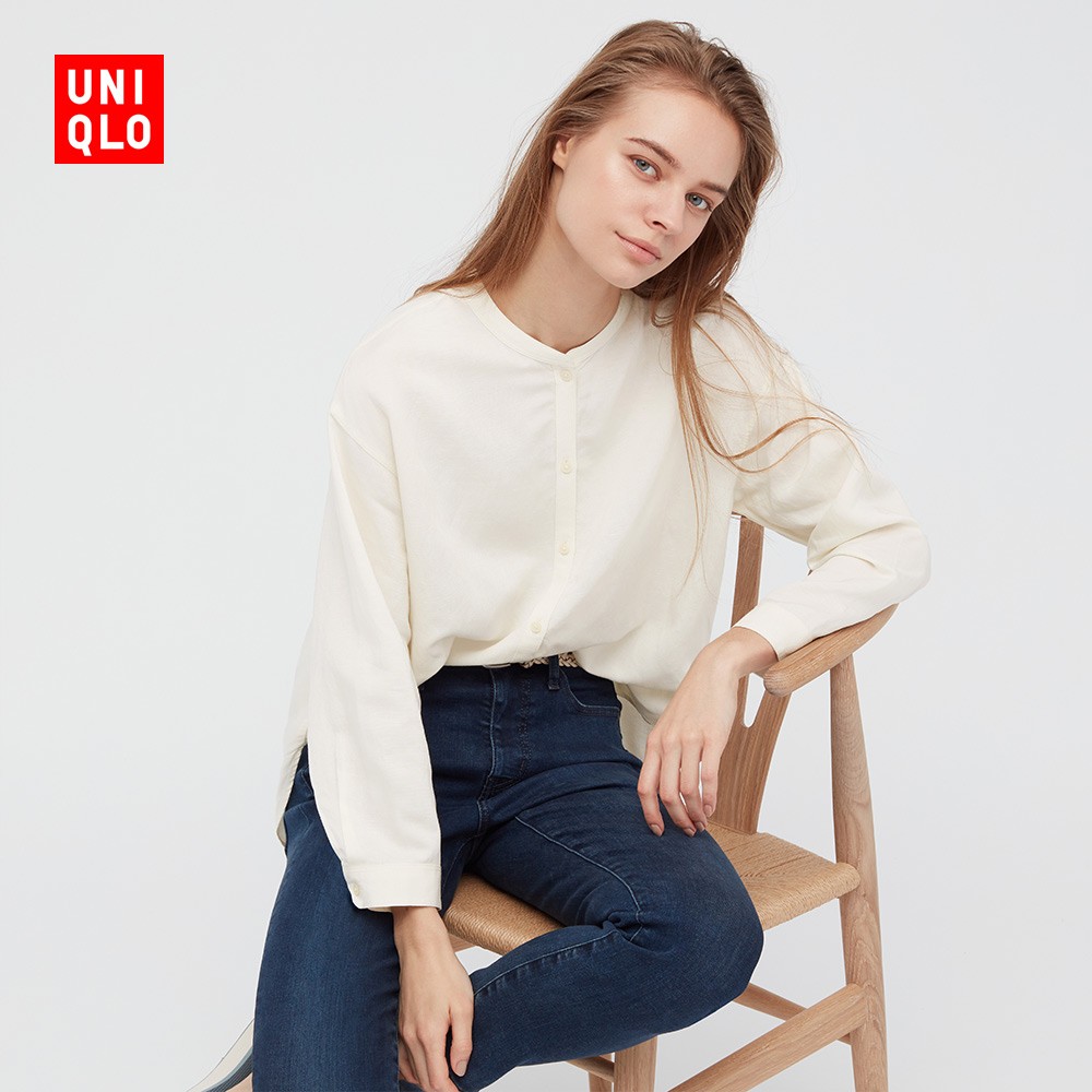 优衣库 女装 麻混纺立领衬衫(七分袖) 433627 uniqlo