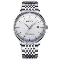 欧力嘉（Olika）瑞士品牌手表男士防水非机械全自动休闲石英表男运动男士礼物手表 精钢白面