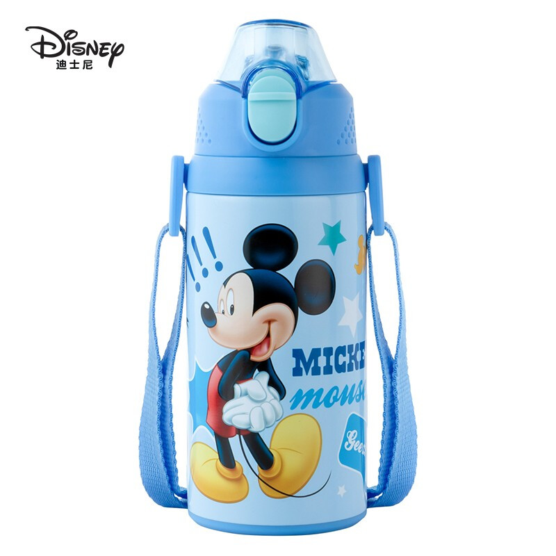 迪士尼（Disney）儿童保温杯 316不锈钢带吸管喝水杯子 户外便携背带水壶450ML 米奇 蓝色