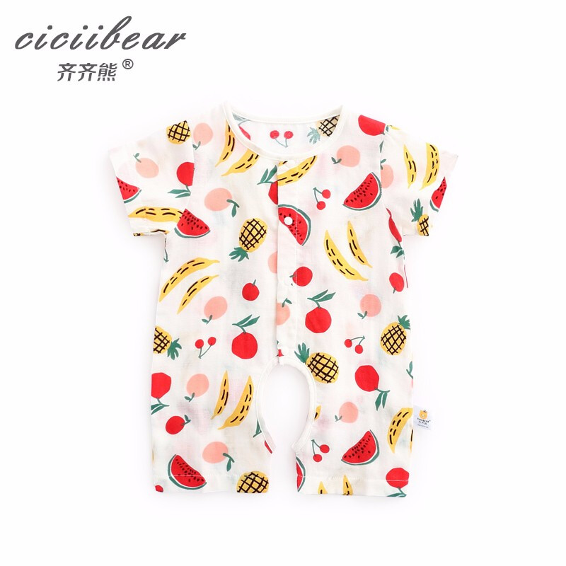 齐齐熊 cicibear婴儿连体衣2020夏季男女宝宝纯棉纱布印花哈衣薄款爬爬服 白色 66cm(6M建议身高58-66cm)