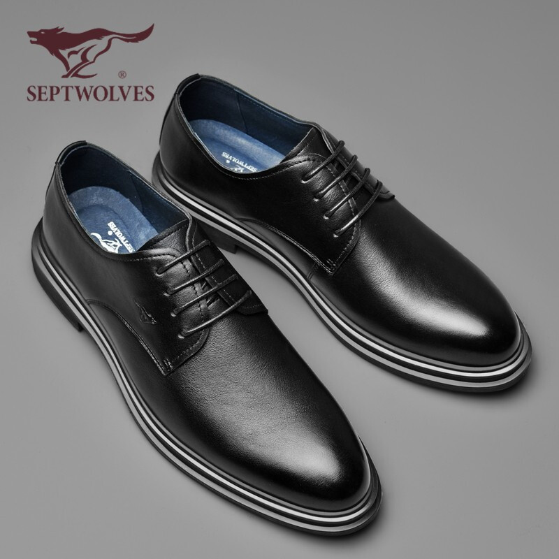 七匹狼 SEPTWOLVES 男士正装鞋德比鞋男英伦风圆头系带皮鞋8393039018 黑色 42