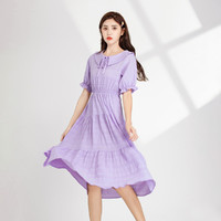 NISSEN 日线 气质紫色连衣裙女夏季2021年新款灯笼袖中长款系带翻领收腰潮