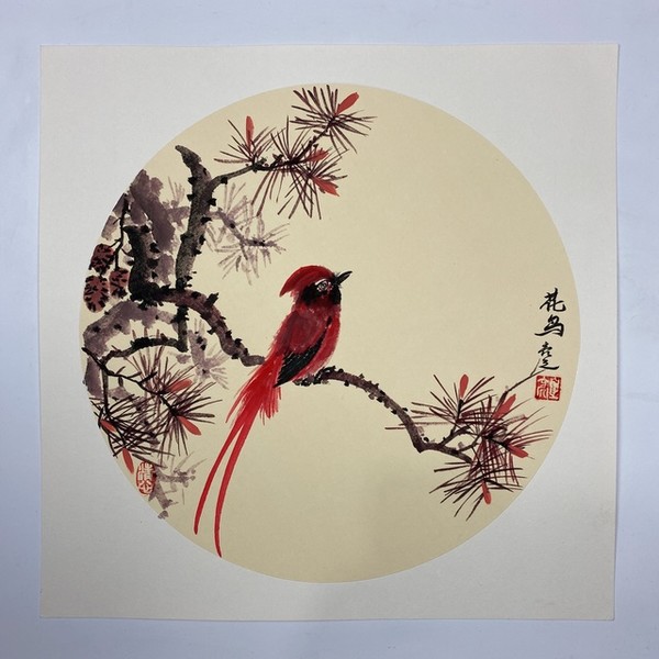 王永明老师花鸟国画《红松富贵鸟》斗方小品38×38cm 100%纯手绘 花鸟