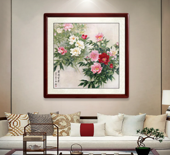 尚得堂韩梅花开富贵6565cm牡丹花客厅花鸟画办公室玄关装饰画工笔画