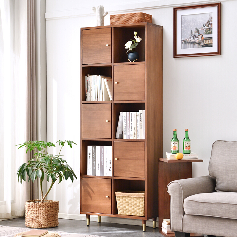 香木语 实木书架书柜家用学生一体靠墙自由组合格子柜多功能简约带门杂物收纳柜储物格 胡桃色