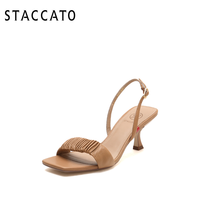 STACCATO 思加圖 2021夏季新款甜美褶皺仙女風一字帶方頭高跟涼鞋女EBQ02BL1