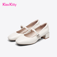 Kiss Kitty 2021年春季新款百搭方頭粗跟紅色一字帶瑪麗珍單鞋女