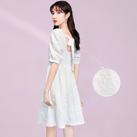 NISSEN 日线 白色连衣裙2021新款女法式复古珍珠蝴蝶结高腰夏季连衣裙女新
