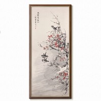 上品印画 任伯年 新中式花卉水墨画《梅雀图》40x80cm 油画布 细边木纹框 玄关走廊装饰画