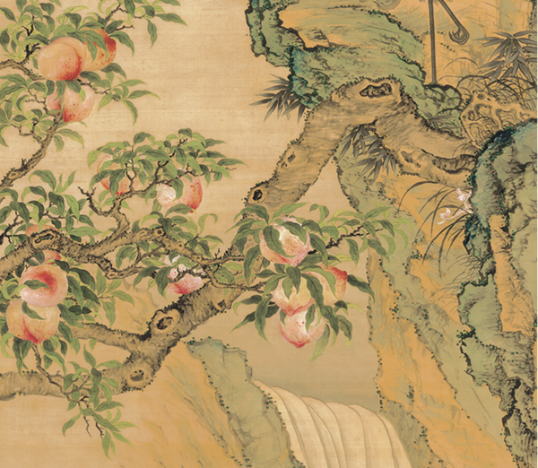 石隙间画桃树一株,果实累累,蟠桃乃王母娘娘的宝物仙果凡人吃了长生不