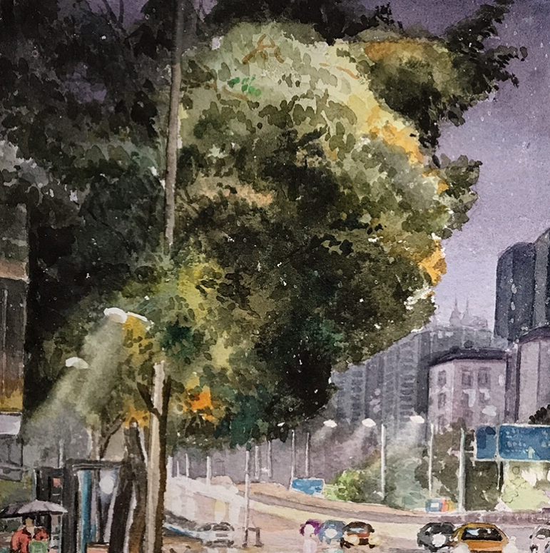 ARTMORN 墨斗鱼艺术 王思琪《城市雨夜》24×36cm 水彩原作装饰画 自营客厅装饰画