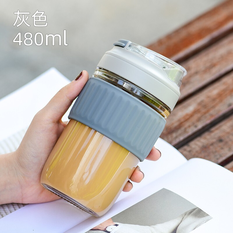 邦达咖啡杯手持玻璃杯男女学生便携式吸管杯随手茶水杯子 480ML 灰色