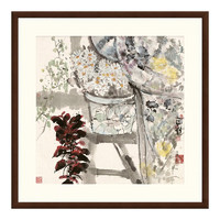 雅昌 袁野 新中式现代花卉风景水墨画《晨妆》88×88cm 布面油画 茶褐色实木框