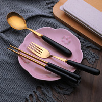 创意镀金色不锈钢餐具韩式便携餐具三件套土豪金陶瓷柄家用勺子叉