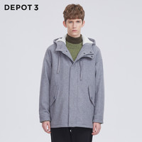DEPOT3 男装大衣 原创设计品牌保暖经典毛呢带帽羊羔毛呢料大衣