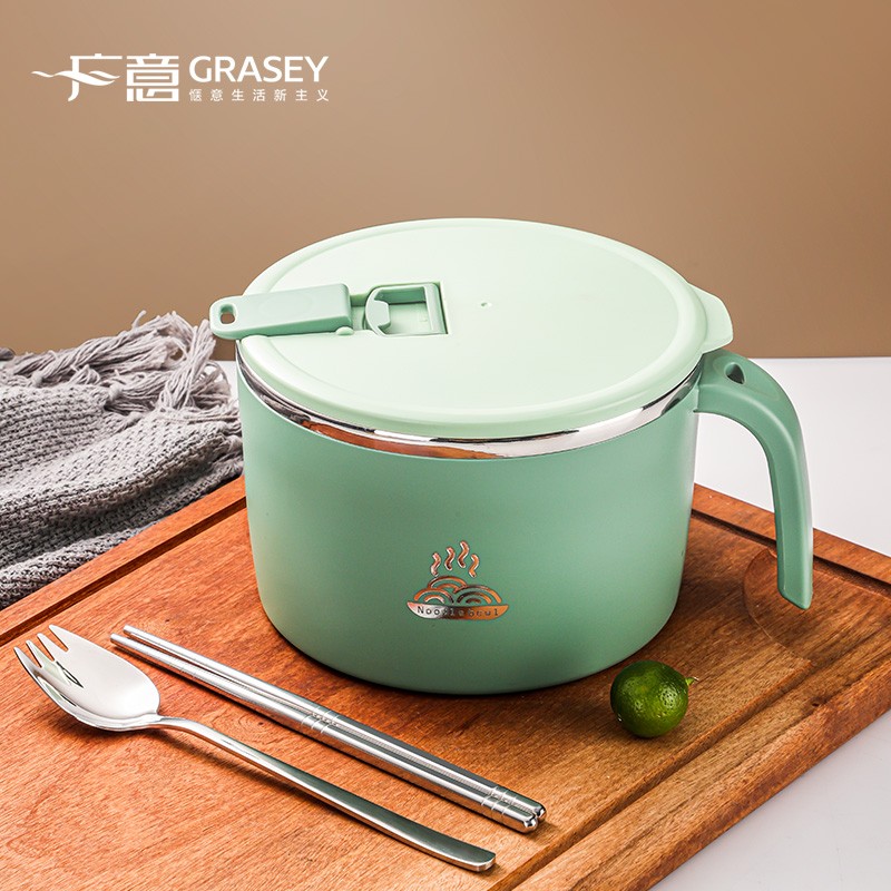 GRASEY 广意 304不锈钢泡面碗 勺子筷子餐具收纳袋 带盖防漏防烫学生饭盒 上班族食堂大容量 抹茶绿 GY7751