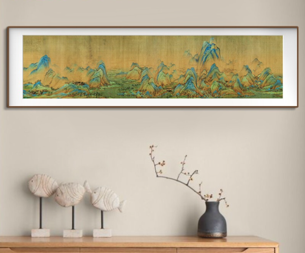 荣宝斋王希孟山水画长款千里江山图长幅卷二180x50cm宣纸檀香实木框