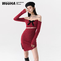 WooHa/吾哈2021冬季新款甜辣毛衣裙惊艳红色圣诞节针织连衣裙女