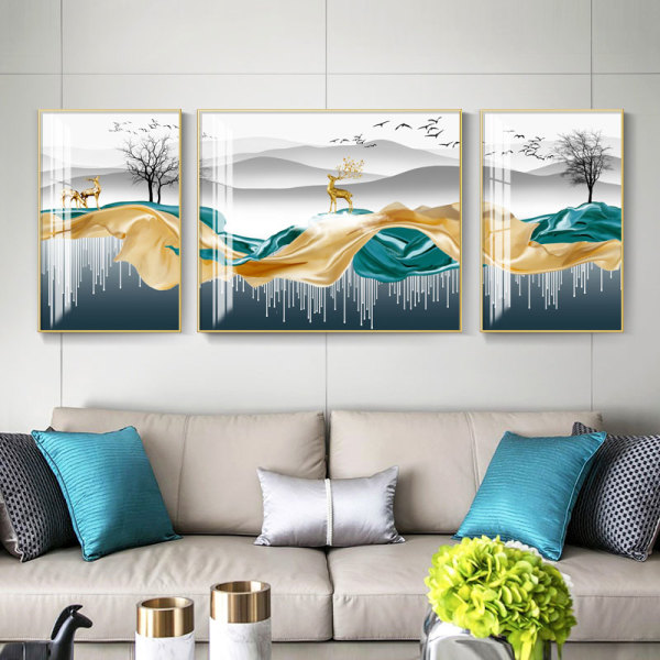 瑞尚现代简约轻奢三联画背靠金山中组合左右50x70cm中间100x70cm晶瓷