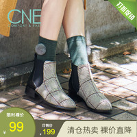 CNE 真适意 春季新款英伦圆头低跟粗跟真皮百搭格子切尔西靴短靴女22101