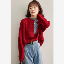 yaya鸭鸭21年春季新款简约时尚纯色百搭圆领菱形麻花女式针织开衫外套