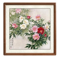 尚得堂 韩梅 牡丹花客厅花鸟画《花开富贵》 65x65cm 宣纸 沙比利实木框