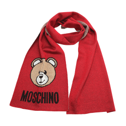 moschino莫斯奇诺女士红色拼燕麦色金银丝线小熊头像款围巾30666m