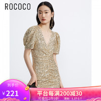 LKK 洛可可 ROCOCO2021春季新款性感宴会金色亮片抽褶连衣裙女450013TA1153 金色 M