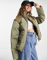 TOPSHOP Topshop sheen puffer jacket with removeable sleeves in khaki