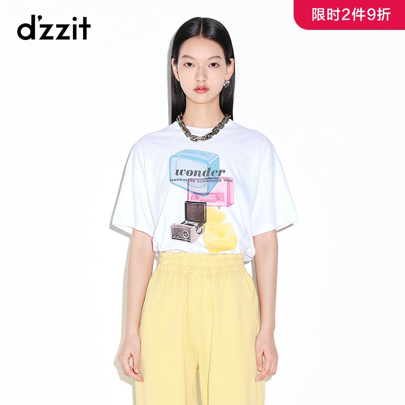 dzzit地素 2021秋专柜新款简约棉质宽松休闲印花T恤女3D3B3161C