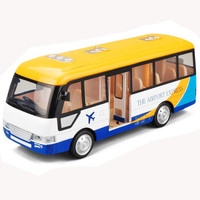 彩珀合金车模型双层公共巴士 声光回力四开门 儿童仿真玩具汽车 中巴-黄蓝色