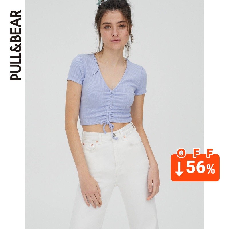 PULL&BEAR女士新款正面缩褶设计罗纹短款修身上衣短袖04241303400