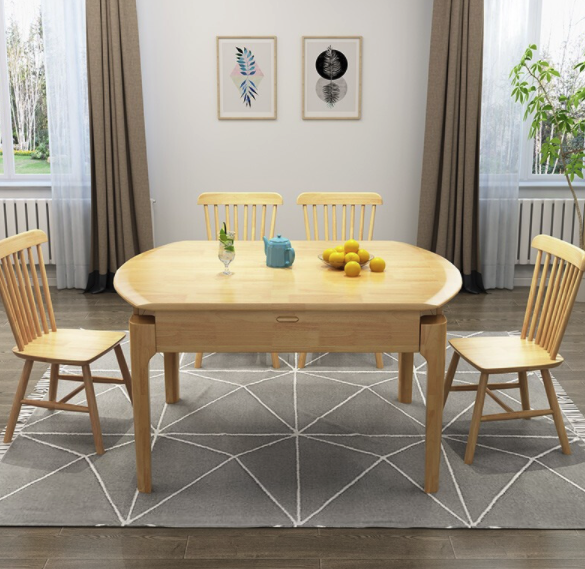 一米色彩 北欧伸缩折叠实木餐桌 一桌四椅 1.35米