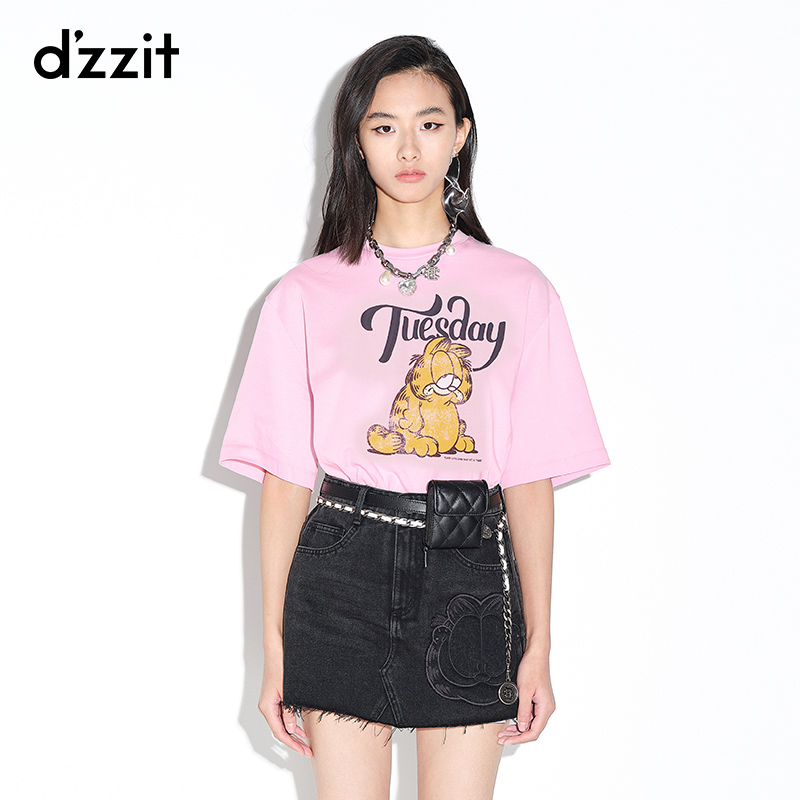 dzzit地素 2021秋专柜新款宽松休闲加菲猫印花T恤女3D3B3051G