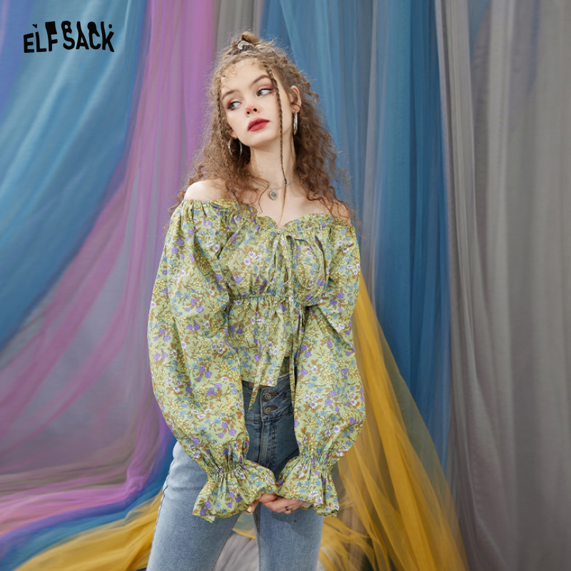 妖精的口袋一字肩法式碎花衬衫女2022春季泡泡袖小众上衣