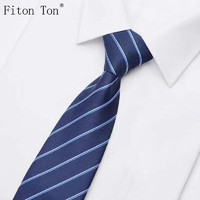 FitonTon領帶拉鏈男士正裝商務新郎結婚懶人免打結一拉得西裝8cm領帶禮盒裝FTL0002 藍色條紋（拉鏈）