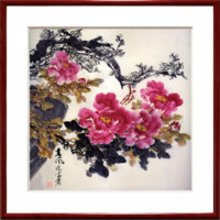 紫腾随轩 牡丹花开富贵装饰画 图17 70x70cm 红木色实木框