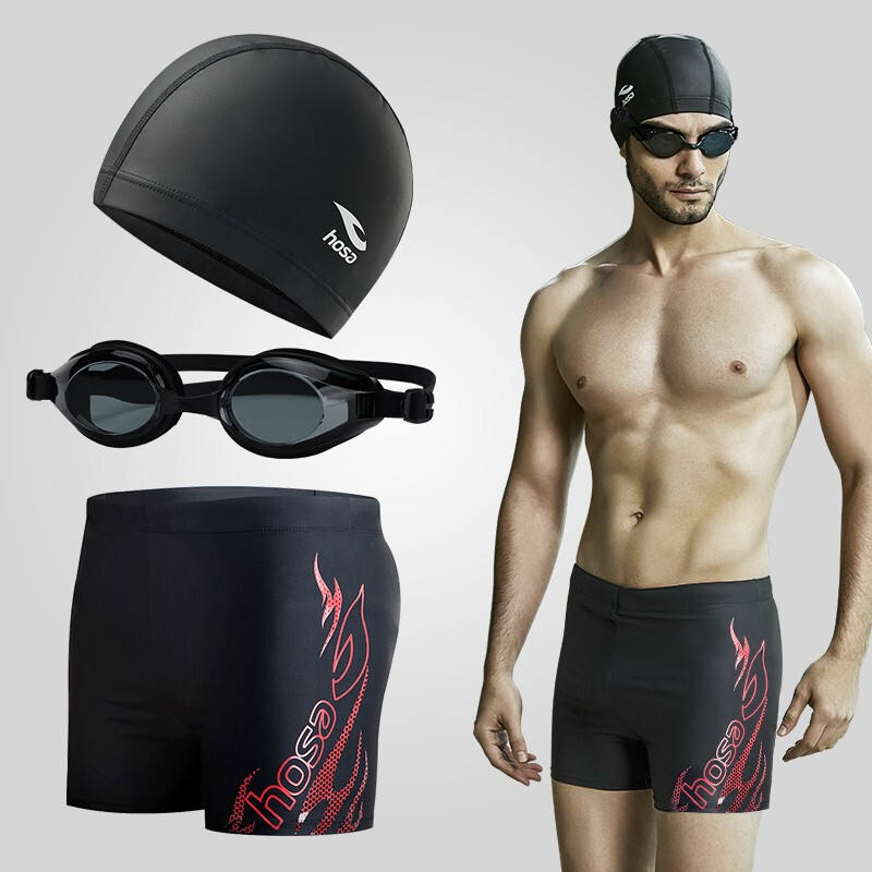浩沙hosa泳裤男平角抗氯速干泳裤泳镜泳帽套装加大码沙滩防尴尬男士泳衣 黑蓝（单泳裤） XL 大红泳裤+泳镜+泳帽 2XL