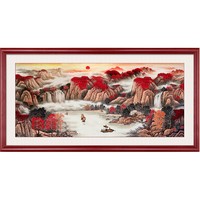 奇瓦麗 王健林同款 鴻運當頭山水畫 50x120cm 典雅紅褐框
