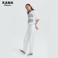 KAMA 卡玛 新款时尚设计感圆领半袖白色字母印花纯棉宽松短款T恤女